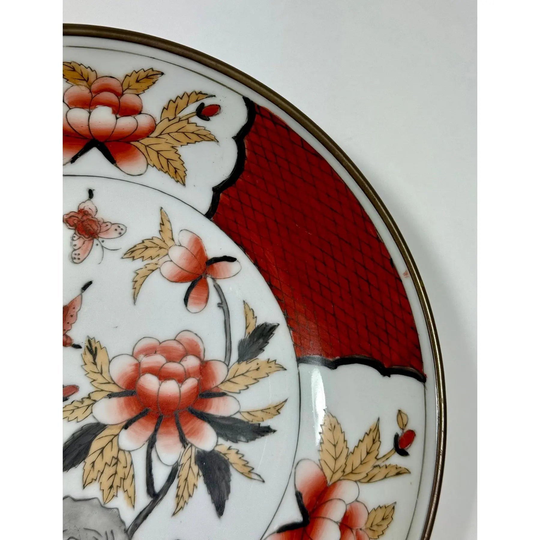 Vintage Mid-Century Chinese Brass-Encased Hand-Painted Porcelain Bowl