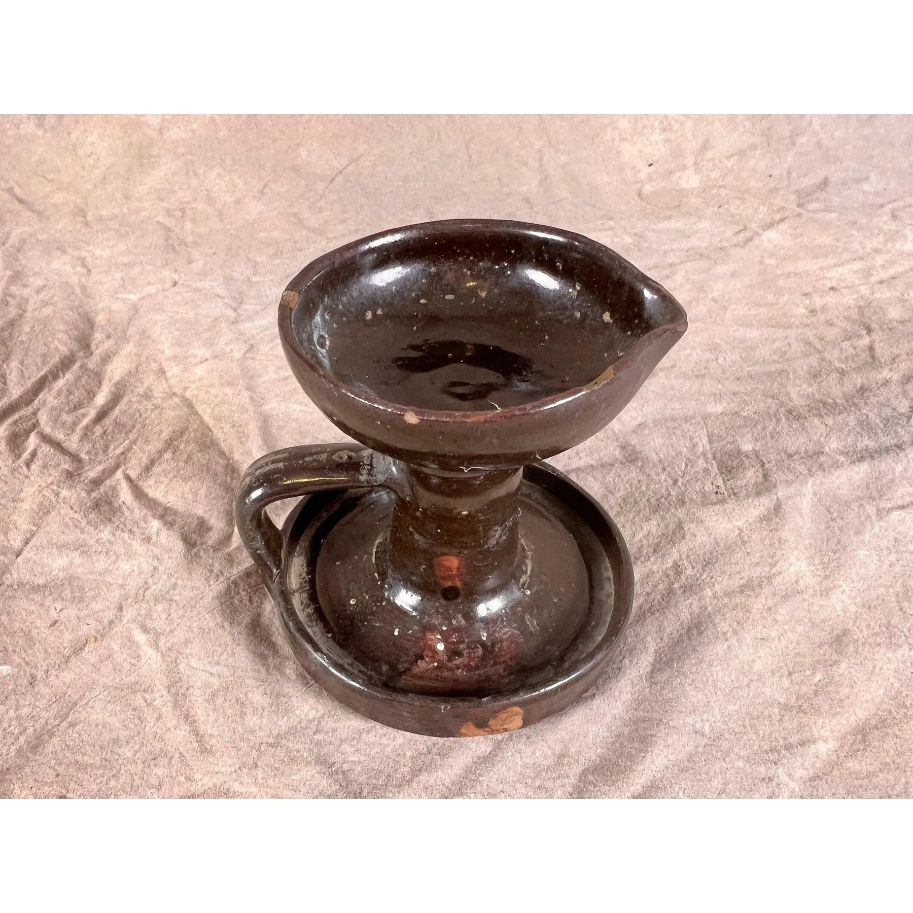 19th Century Signed "Chambers" American Redware Grease Lamp