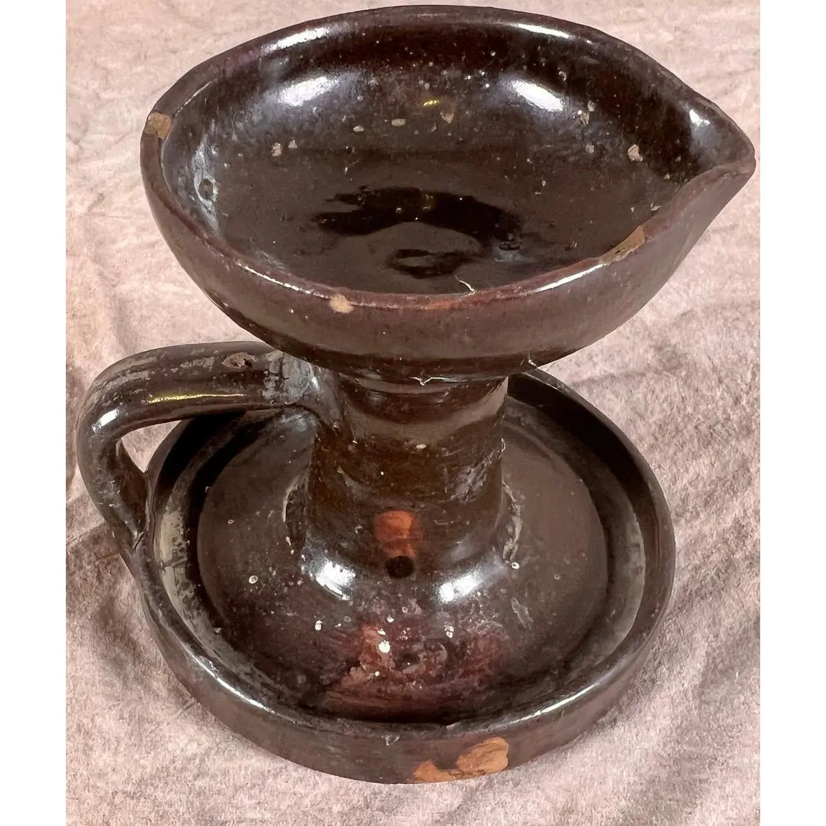 19th Century Signed "Chambers" American Redware Grease Lamp