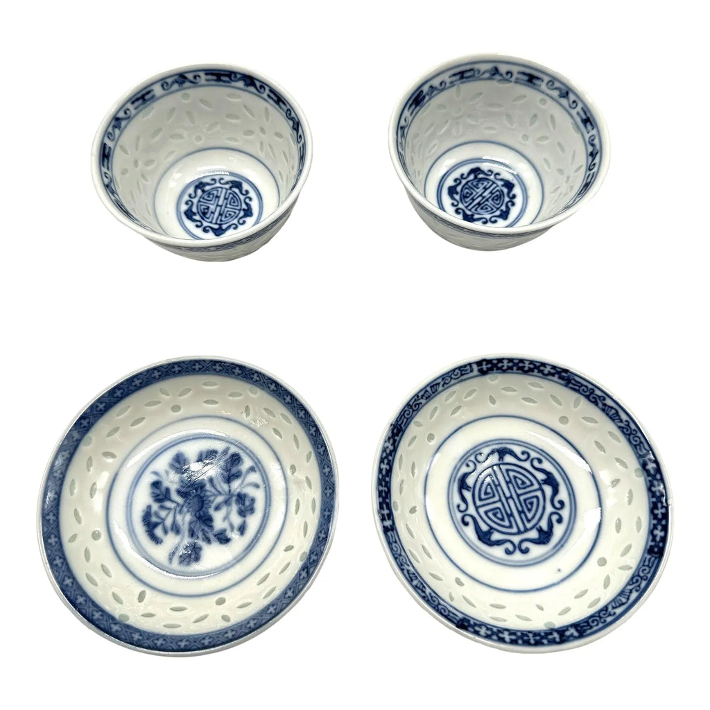 Vintage Chinese Rice Grain Blue & White Tea Cups & Saucers - Signed - Set of 4