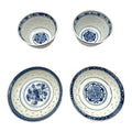 Vintage Chinese Rice Grain Blue & White Tea Cups & Saucers - Signed - Set of 4
