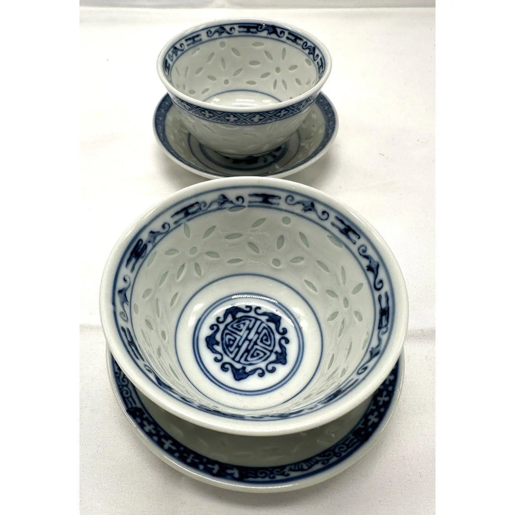 Vintage Chinese Rice Grain Blue & White Tea Cups & Saucers - Signed - Set of 4