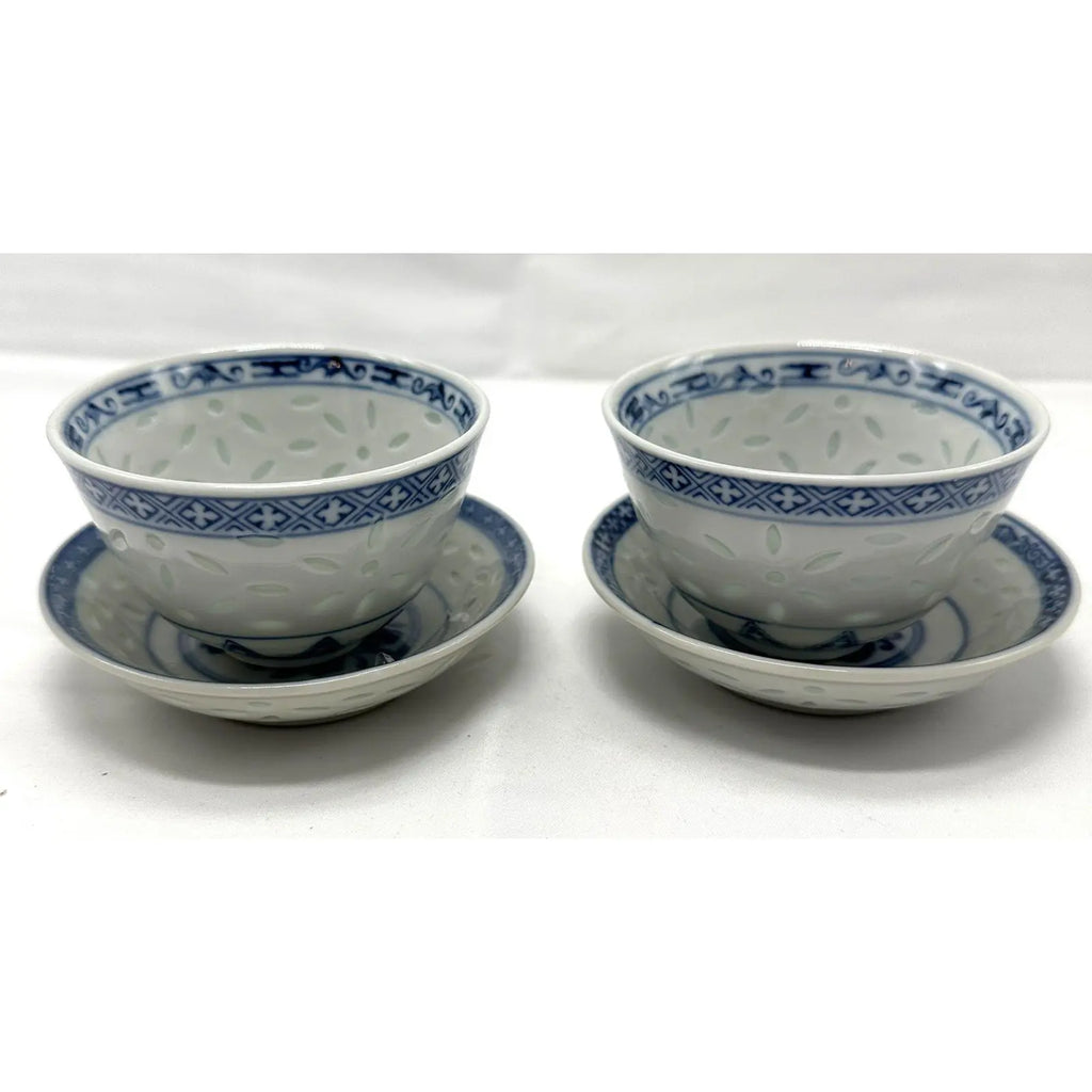 Vintage Chinese Rice Grain Blue & White Tea Cups & Saucers - Signed - Set of 4