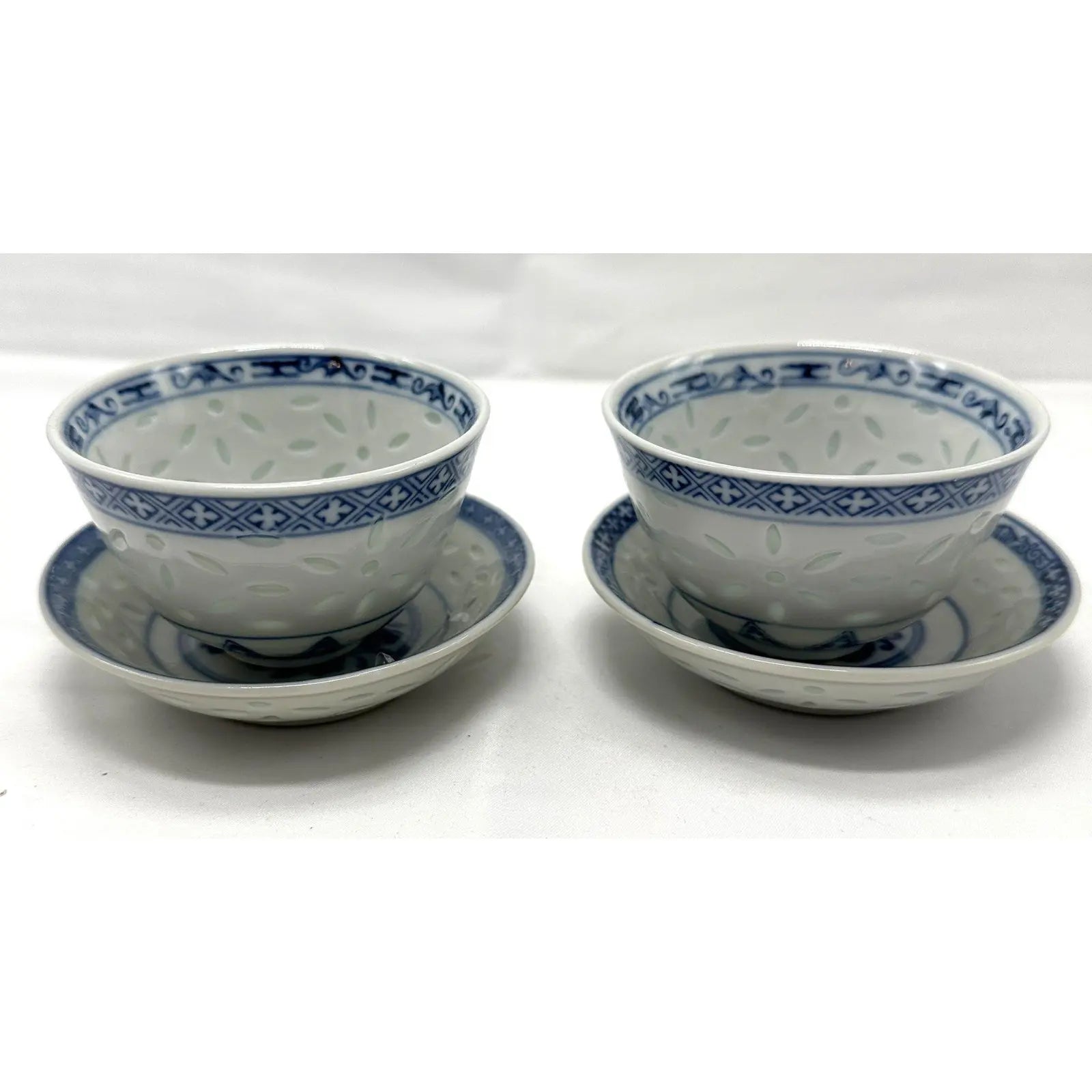 Vintage Chinese Rice Grain Blue & White Tea Cups & Saucers - Signed - Set of 4