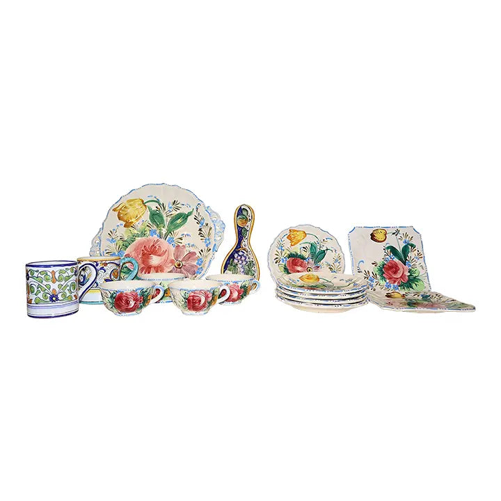 15 Piece Signed Deruta Italian Majolica Floral Collection, Hand Painted L'Antica and Fratelli Mari Maiolica Tea and Dessert Set, Mediterranean Decor