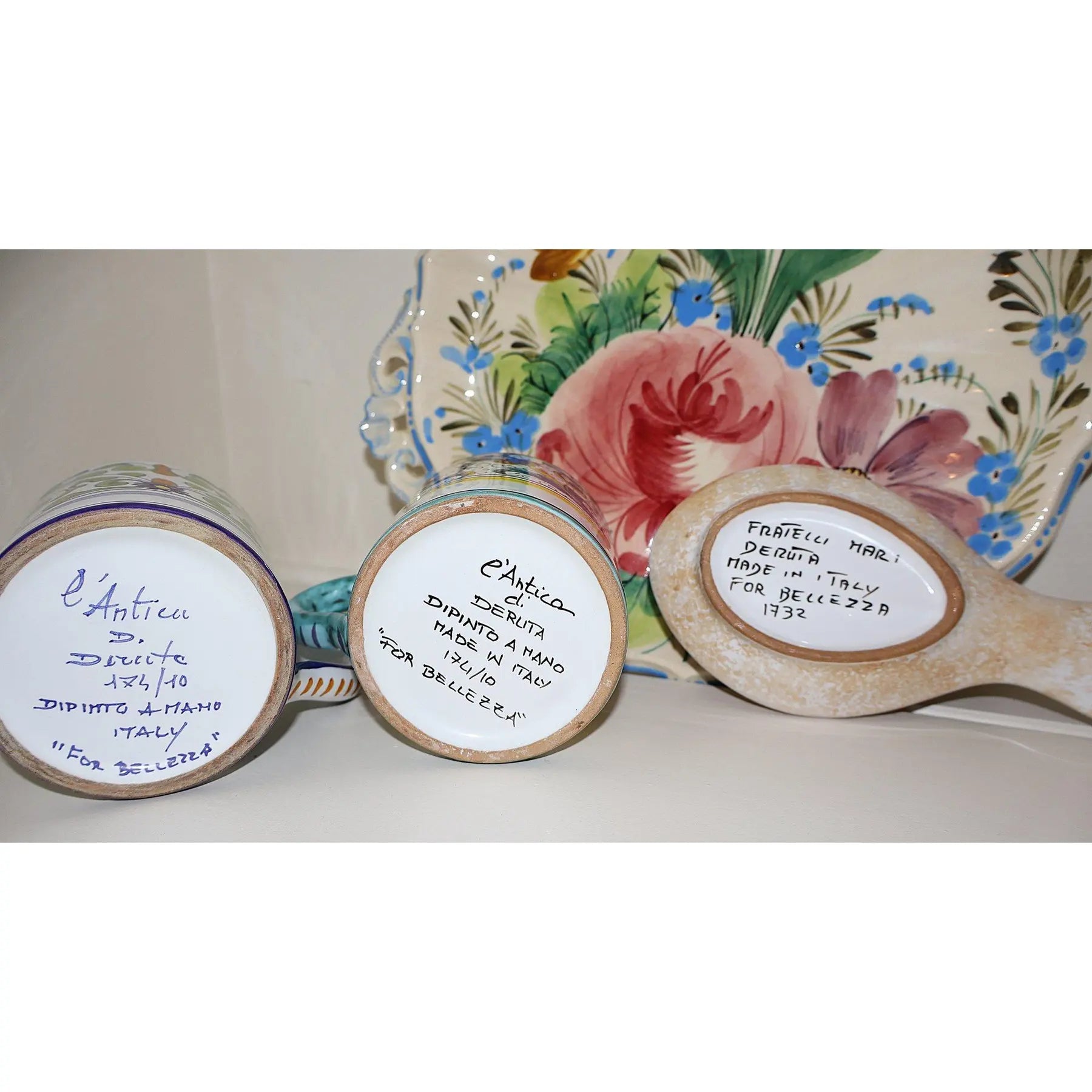 15 Piece Signed Deruta Italian Majolica Floral Collection, Hand Painted L'Antica and Fratelli Mari Maiolica Tea and Dessert Set, Mediterranean Decor