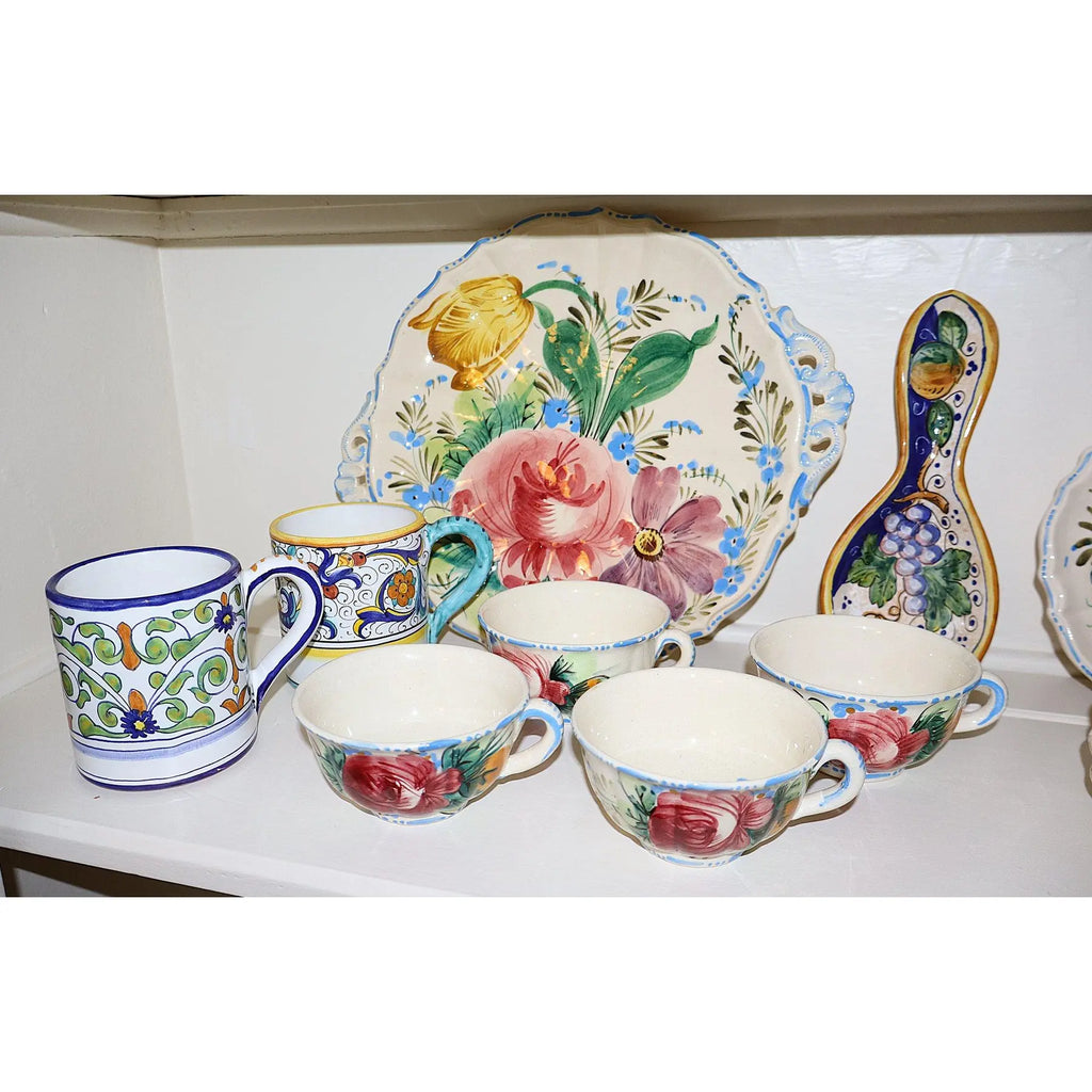 15 Piece Signed Deruta Italian Majolica Floral Collection, Hand Painted L'Antica and Fratelli Mari Maiolica Tea and Dessert Set, Mediterranean Decor