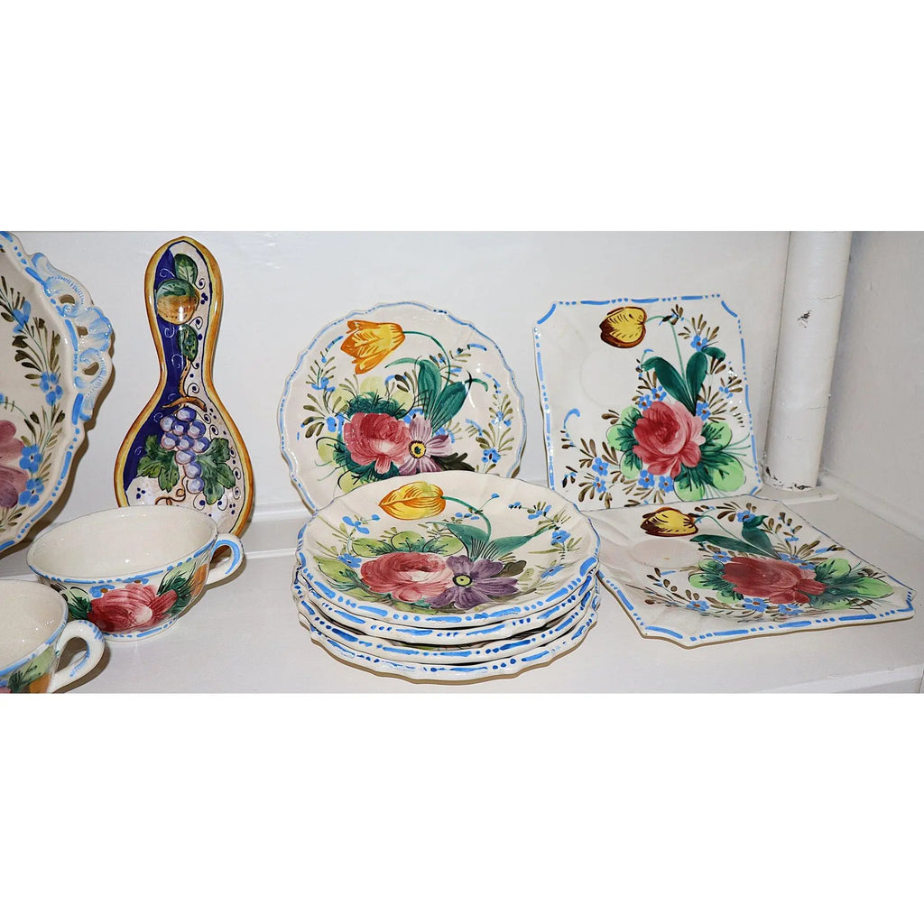 15 Piece Signed Deruta Italian Majolica Floral Collection, Hand Painted L'Antica and Fratelli Mari Maiolica Tea and Dessert Set, Mediterranean Decor