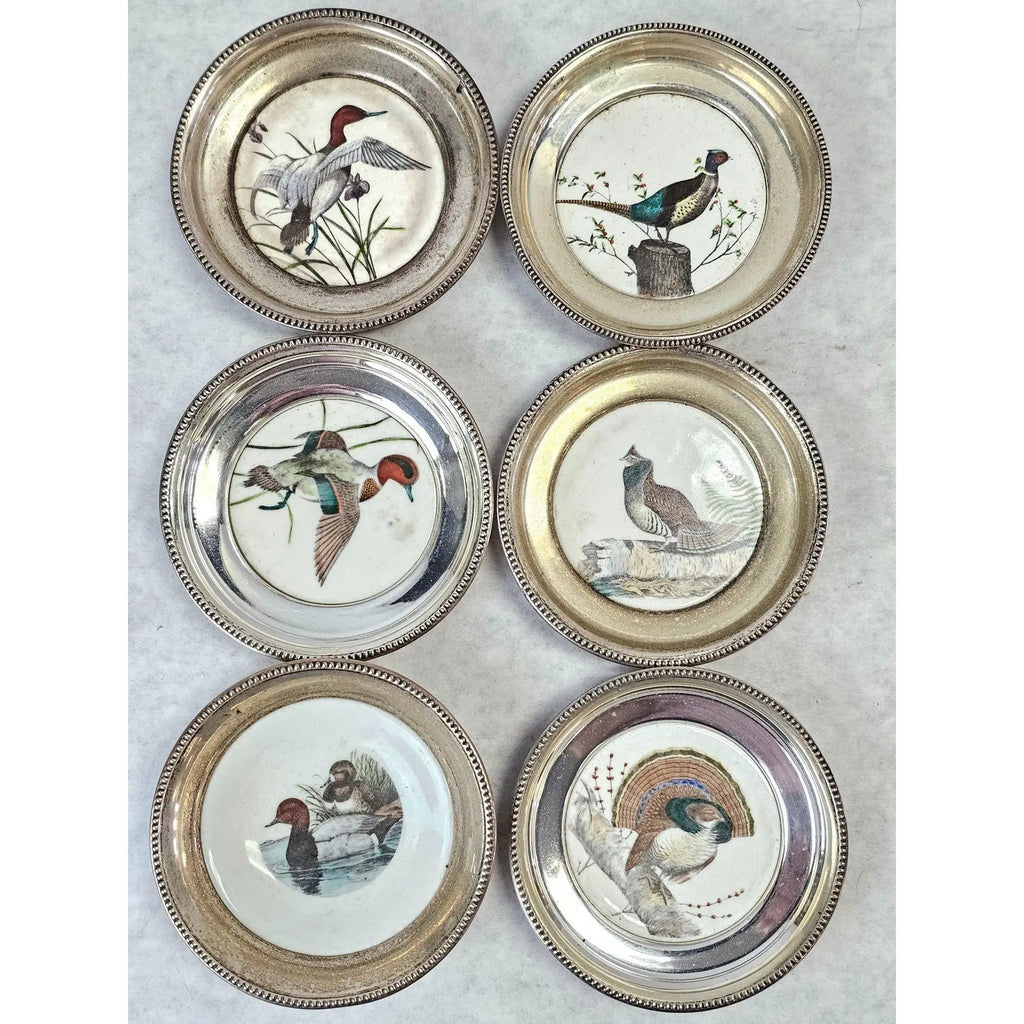 Set Of Six Frank Whiting Sterling Silver And Porcelain Game Bird Coasters By Dennis Puleston