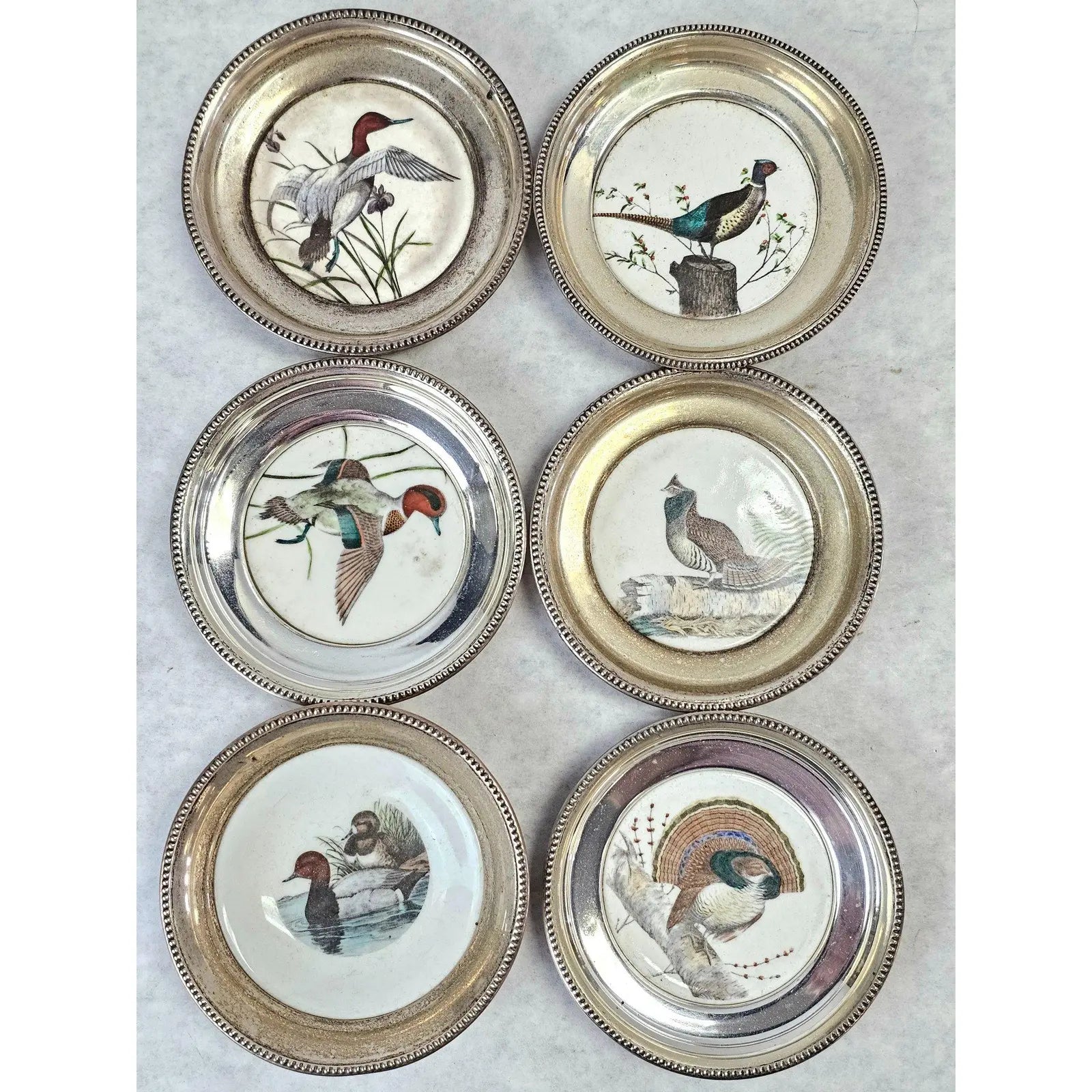 Set Of Six Frank Whiting Sterling Silver And Porcelain Game Bird Coasters By Dennis Puleston