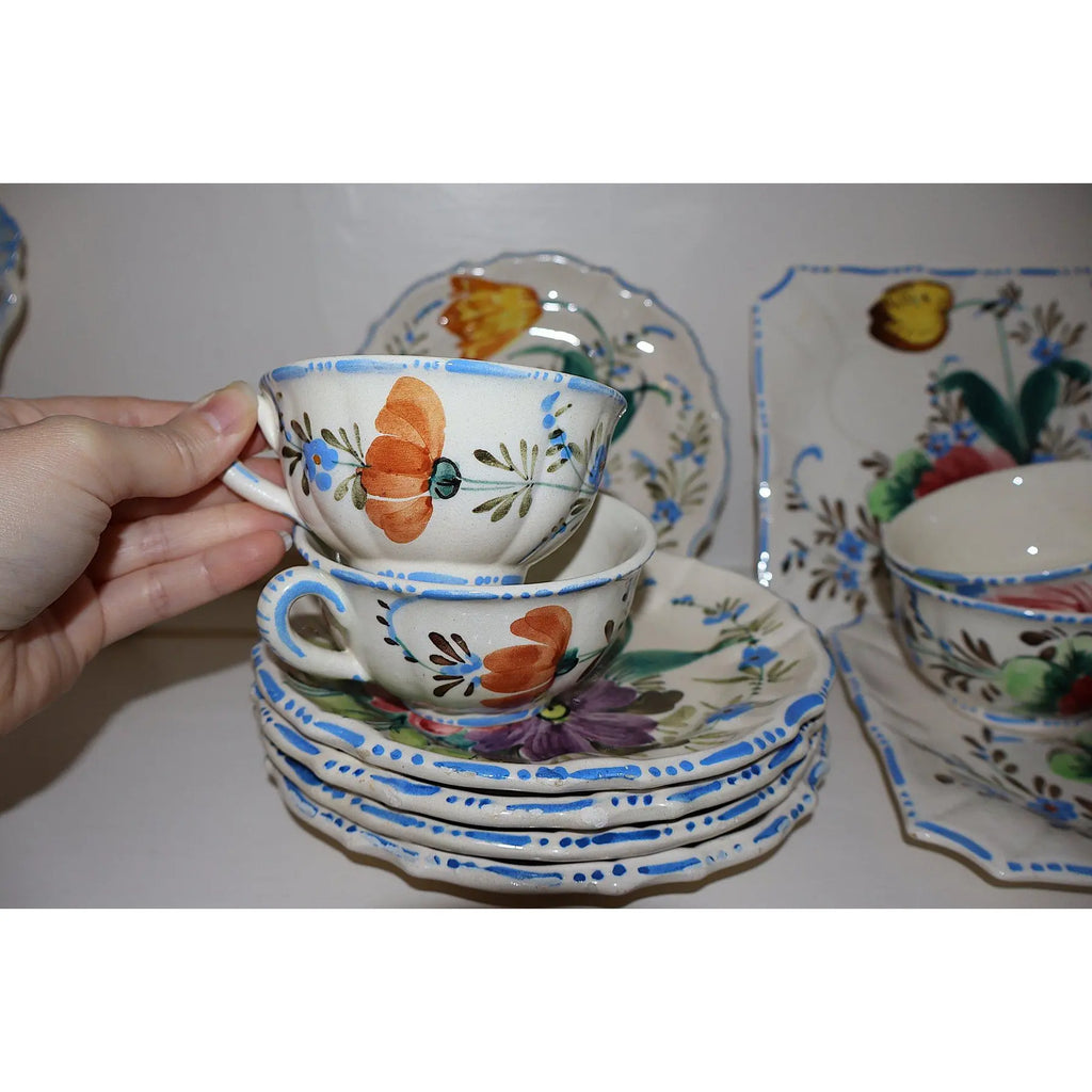 15 Piece Signed Deruta Italian Majolica Floral Collection, Hand Painted L'Antica and Fratelli Mari Maiolica Tea and Dessert Set, Mediterranean Decor