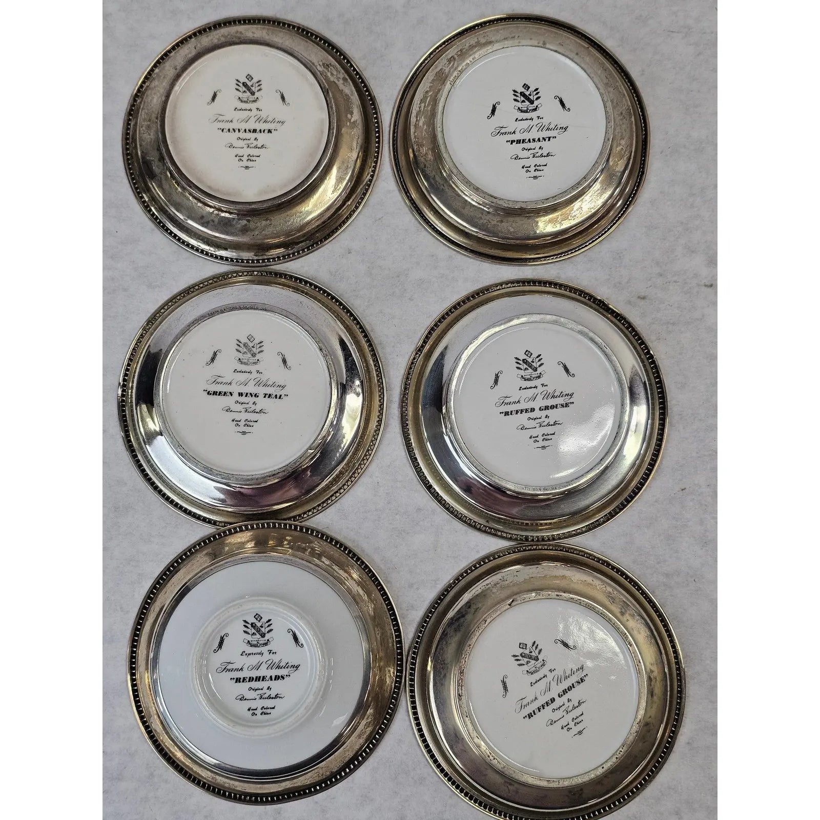 Set Of Six Frank Whiting Sterling Silver And Porcelain Game Bird Coasters By Dennis Puleston