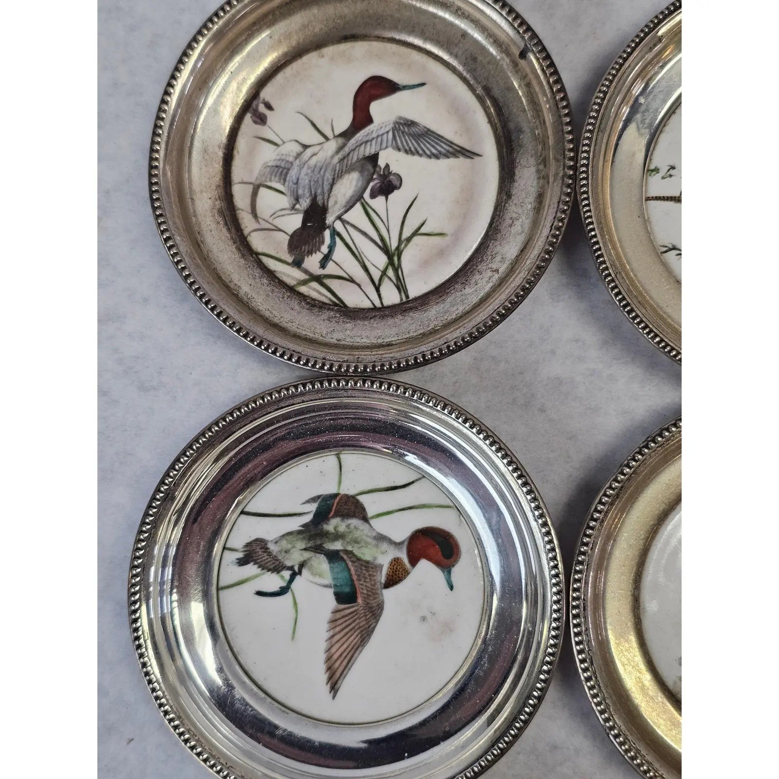 Set Of Six Frank Whiting Sterling Silver And Porcelain Game Bird Coasters By Dennis Puleston