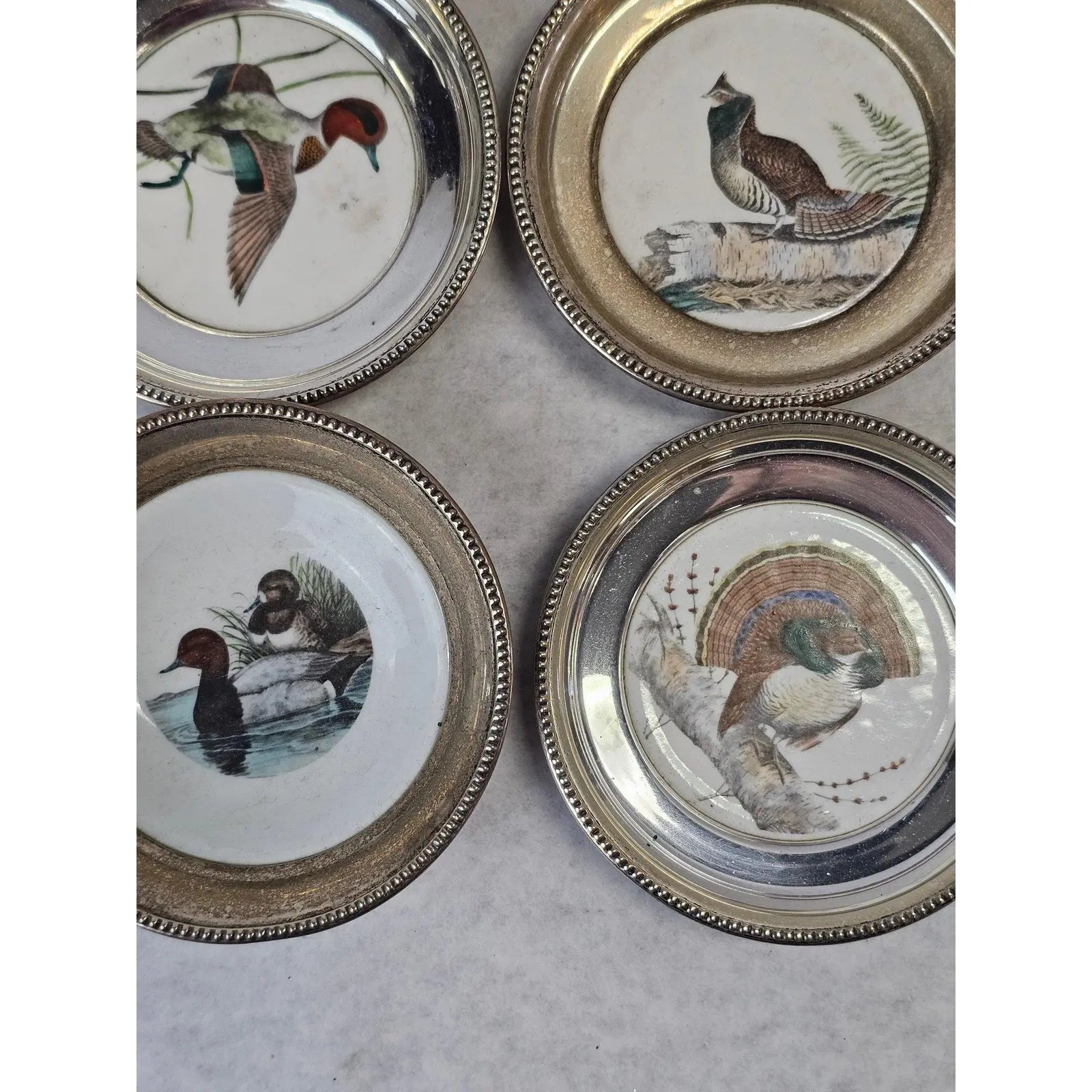 Set Of Six Frank Whiting Sterling Silver And Porcelain Game Bird Coasters By Dennis Puleston