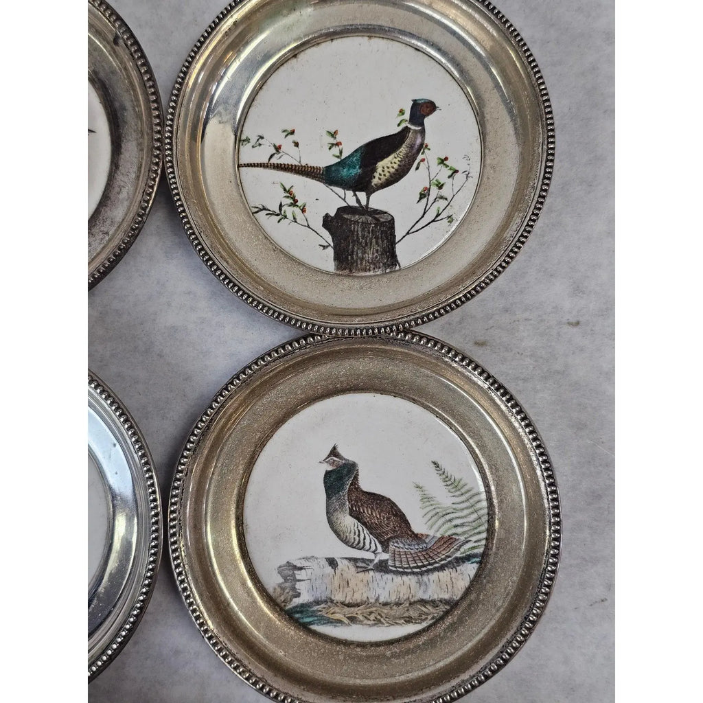 Set Of Six Frank Whiting Sterling Silver And Porcelain Game Bird Coasters By Dennis Puleston