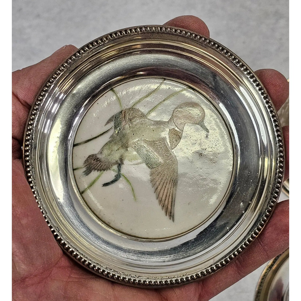 Set Of Six Frank Whiting Sterling Silver And Porcelain Game Bird Coasters By Dennis Puleston