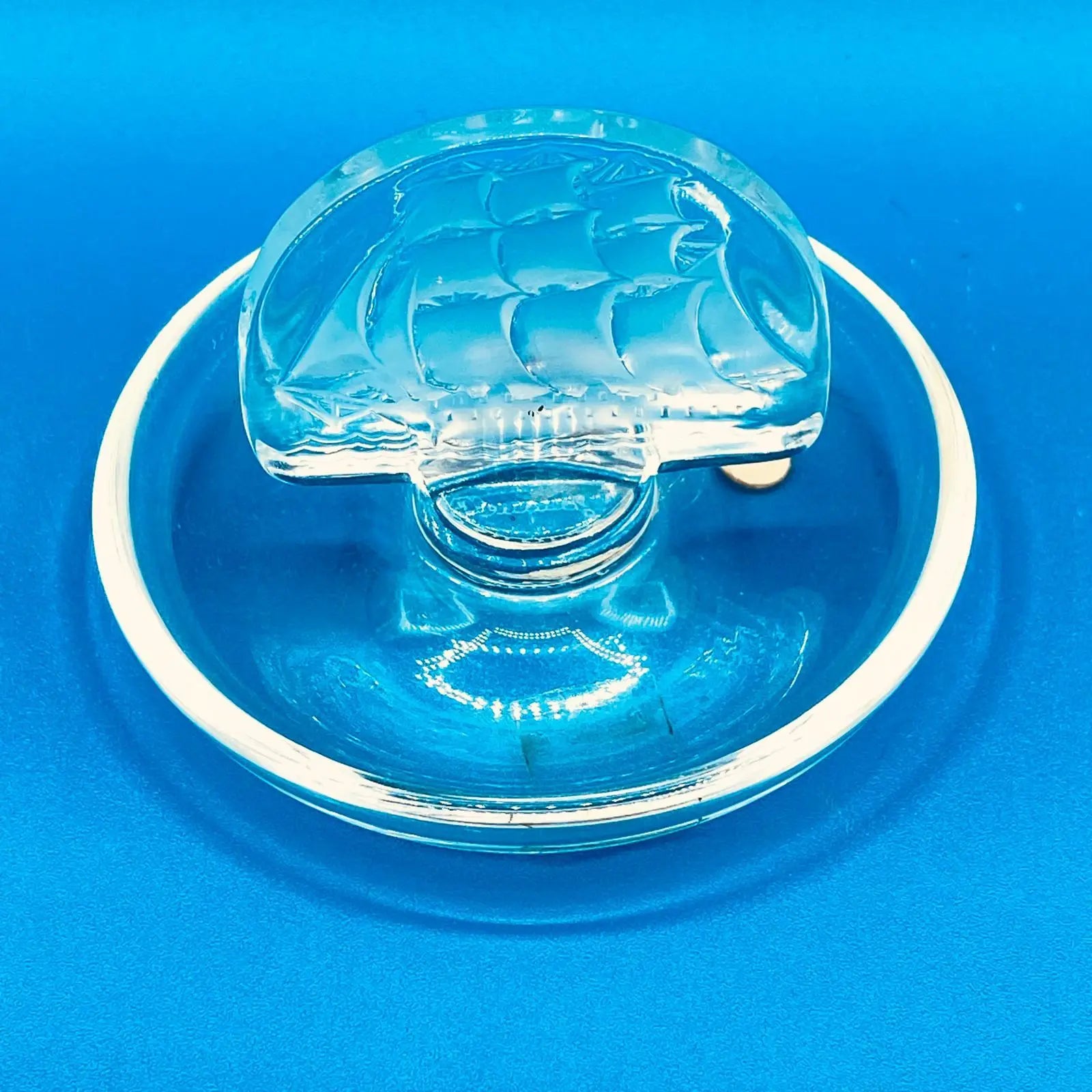 Vintage Signed Lalique France "Caravelle" Frosted Crystal Sailing Ship Ring Dish