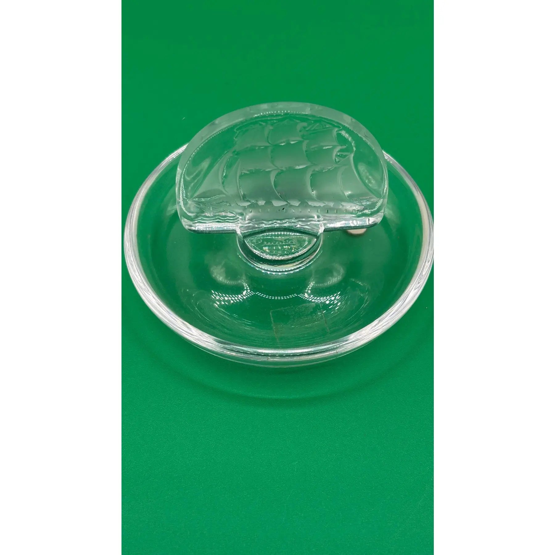 Vintage Signed Lalique France "Caravelle" Frosted Crystal Sailing Ship Ring Dish