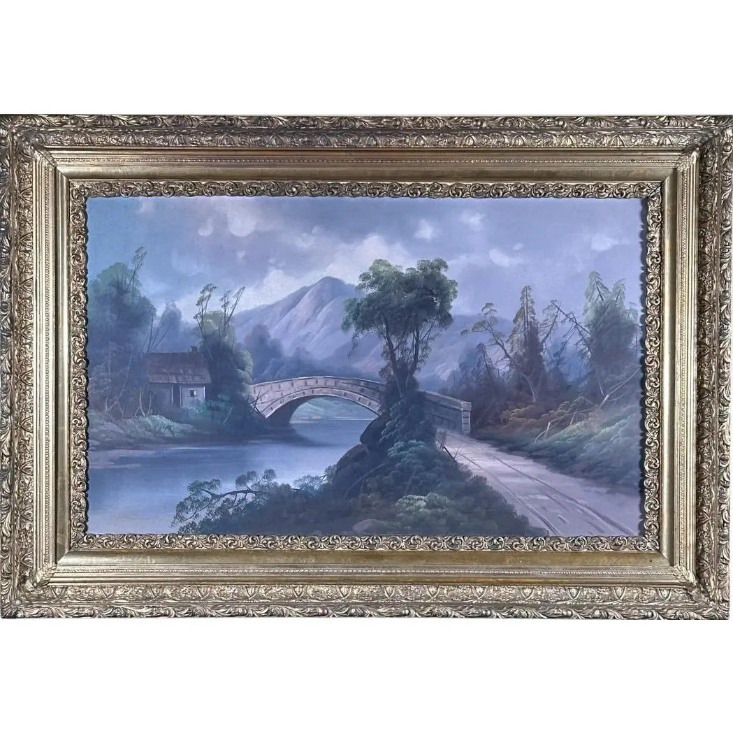 Antique 19th Century River Crossing Landscape Oil Painting in Victorian Gilt Frame