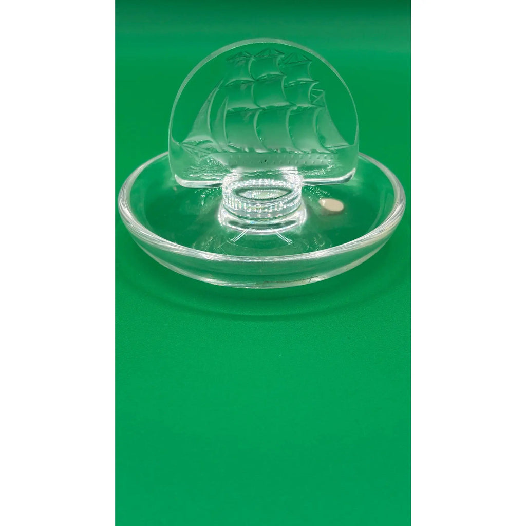 Vintage Signed Lalique France "Caravelle" Frosted Crystal Sailing Ship Ring Dish