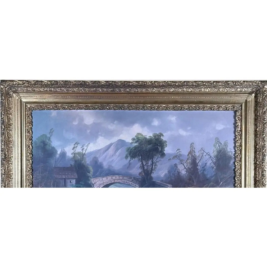 Antique 19th Century River Crossing Landscape Oil Painting in Victorian Gilt Frame