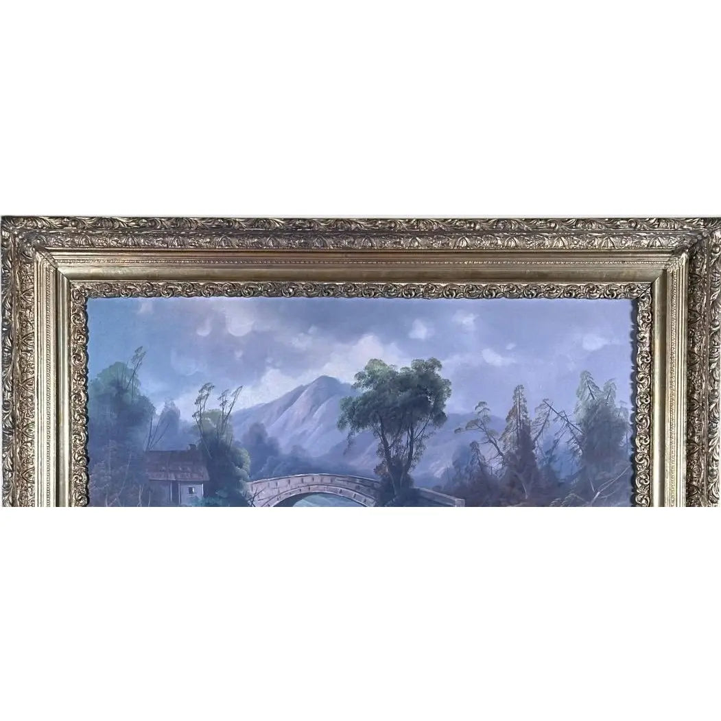 Antique 19th Century River Crossing Landscape Oil Painting in Victorian Gilt Frame