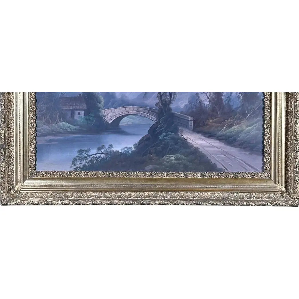 Antique 19th Century River Crossing Landscape Oil Painting in Victorian Gilt Frame