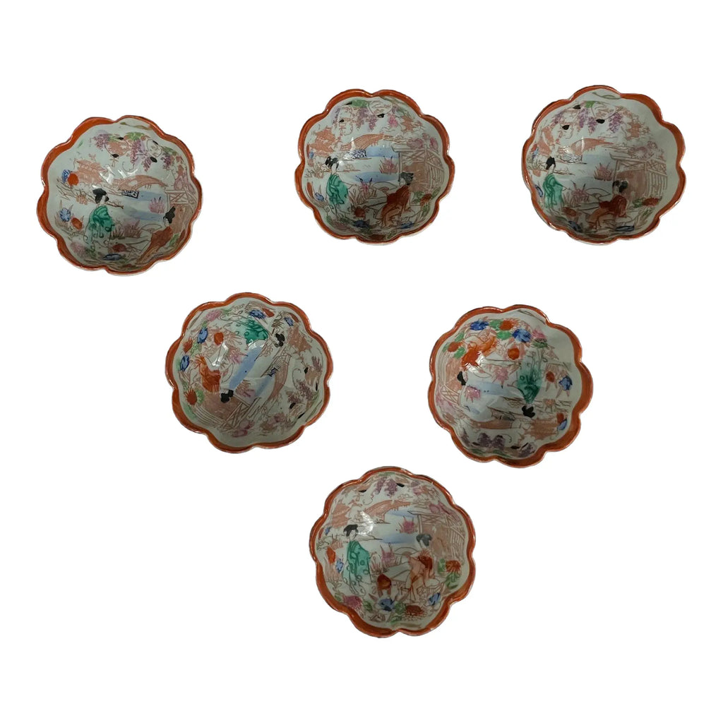 Antique Meiji / Taisho Era Japanese Porcelain Footed Nut & Dipping Bowls — Set of 6