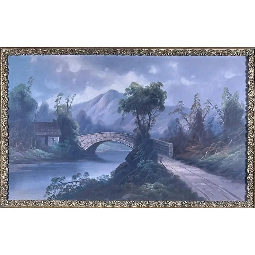Antique 19th Century River Crossing Landscape Oil Painting in Victorian Gilt Frame