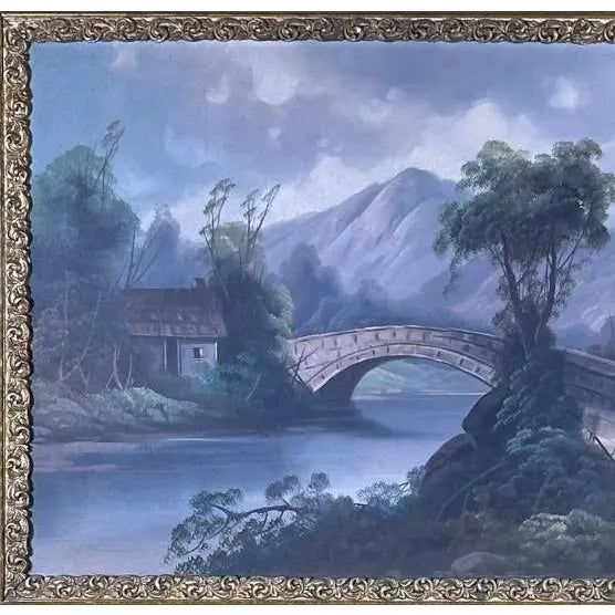 Antique 19th Century River Crossing Landscape Oil Painting in Victorian Gilt Frame
