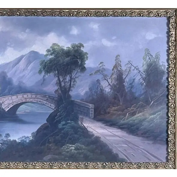 Antique 19th Century River Crossing Landscape Oil Painting in Victorian Gilt Frame