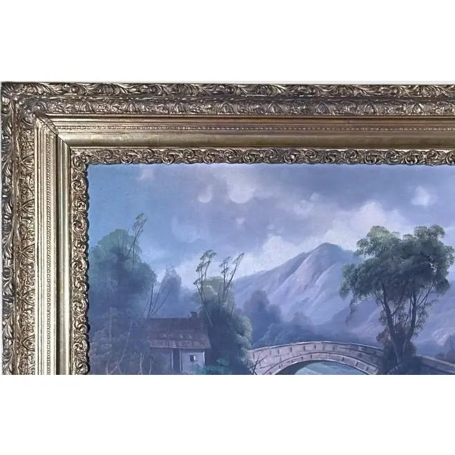 Antique 19th Century River Crossing Landscape Oil Painting in Victorian Gilt Frame