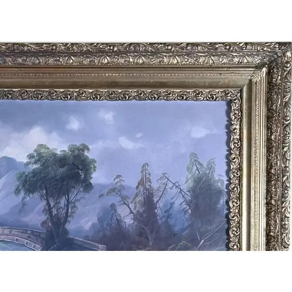 Antique 19th Century River Crossing Landscape Oil Painting in Victorian Gilt Frame