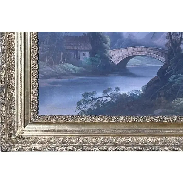 Antique 19th Century River Crossing Landscape Oil Painting in Victorian Gilt Frame