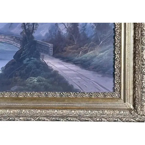 Antique 19th Century River Crossing Landscape Oil Painting in Victorian Gilt Frame