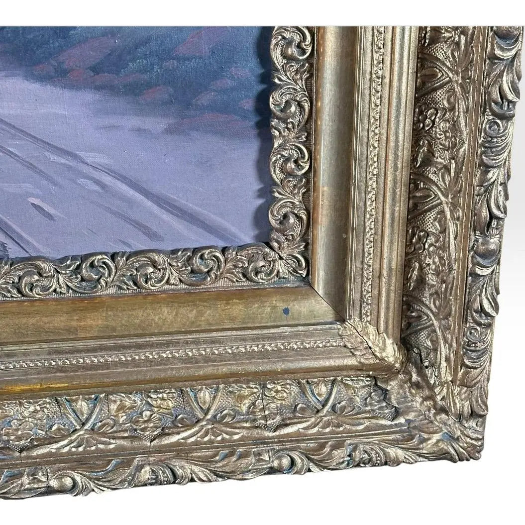 Antique 19th Century River Crossing Landscape Oil Painting in Victorian Gilt Frame