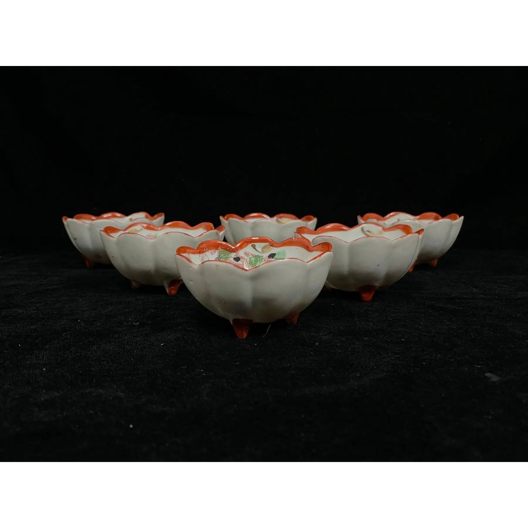 Antique Meiji / Taisho Era Japanese Porcelain Footed Nut & Dipping Bowls — Set of 6