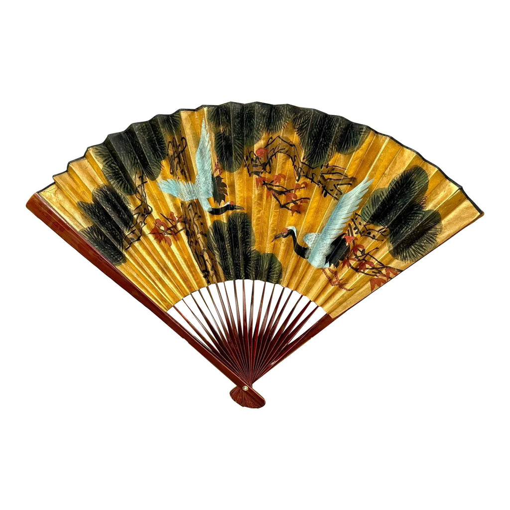 Stunning 70 Inch Vintage Chinese Hand Painted Gilt Wall Fan Cranes and Pine Motif