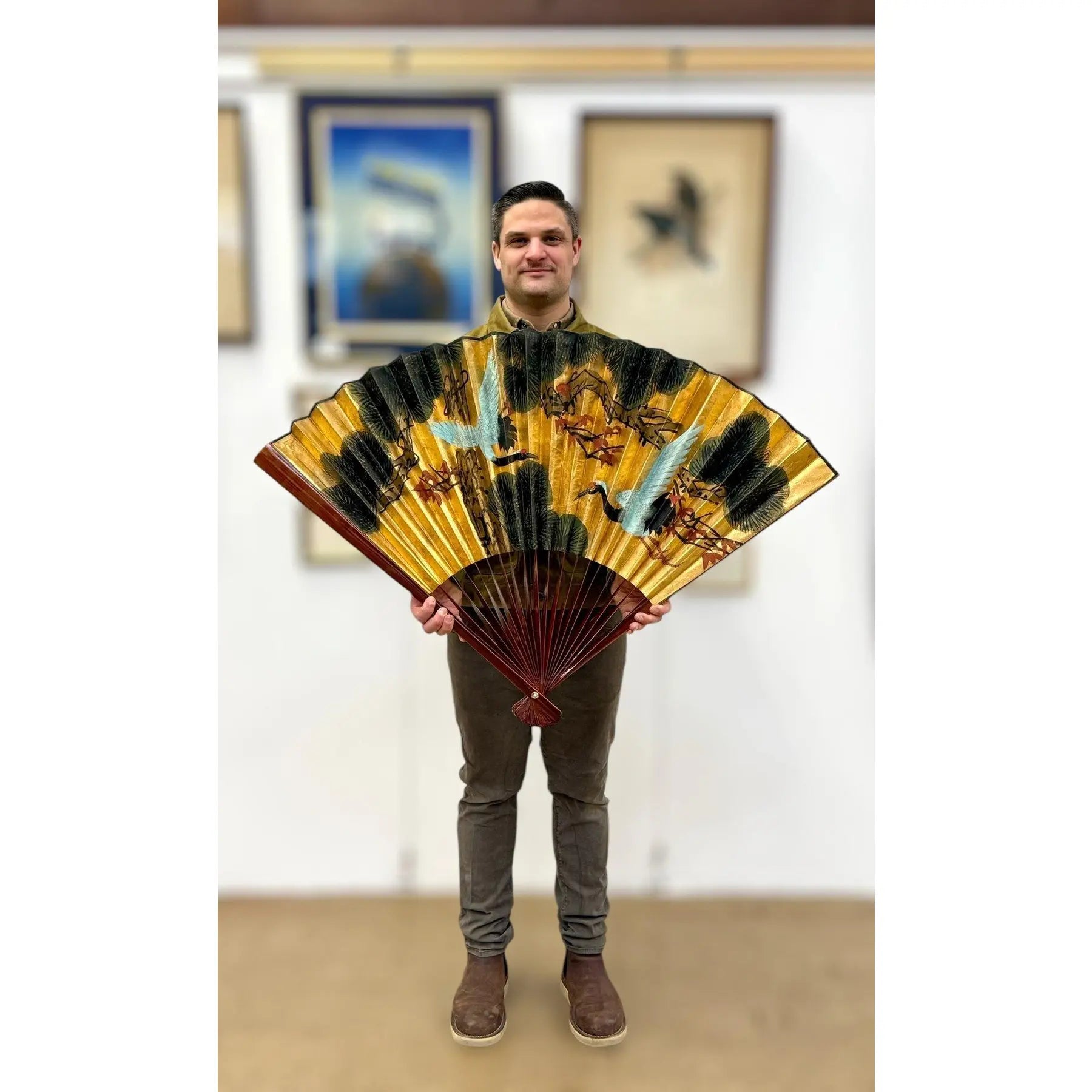 Stunning 70 Inch Vintage Chinese Hand Painted Gilt Wall Fan Cranes and Pine Motif