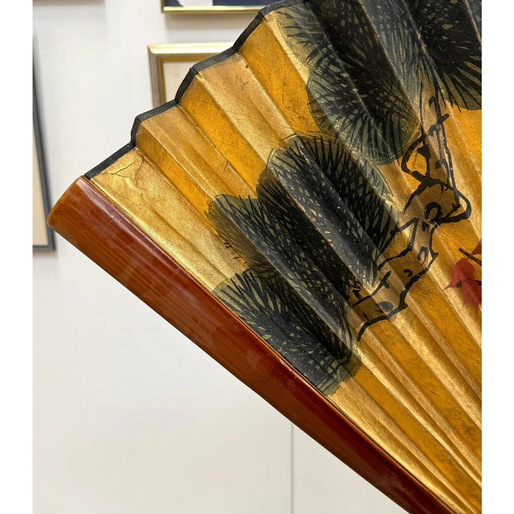 Stunning 70 Inch Vintage Chinese Hand Painted Gilt Wall Fan Cranes and Pine Motif