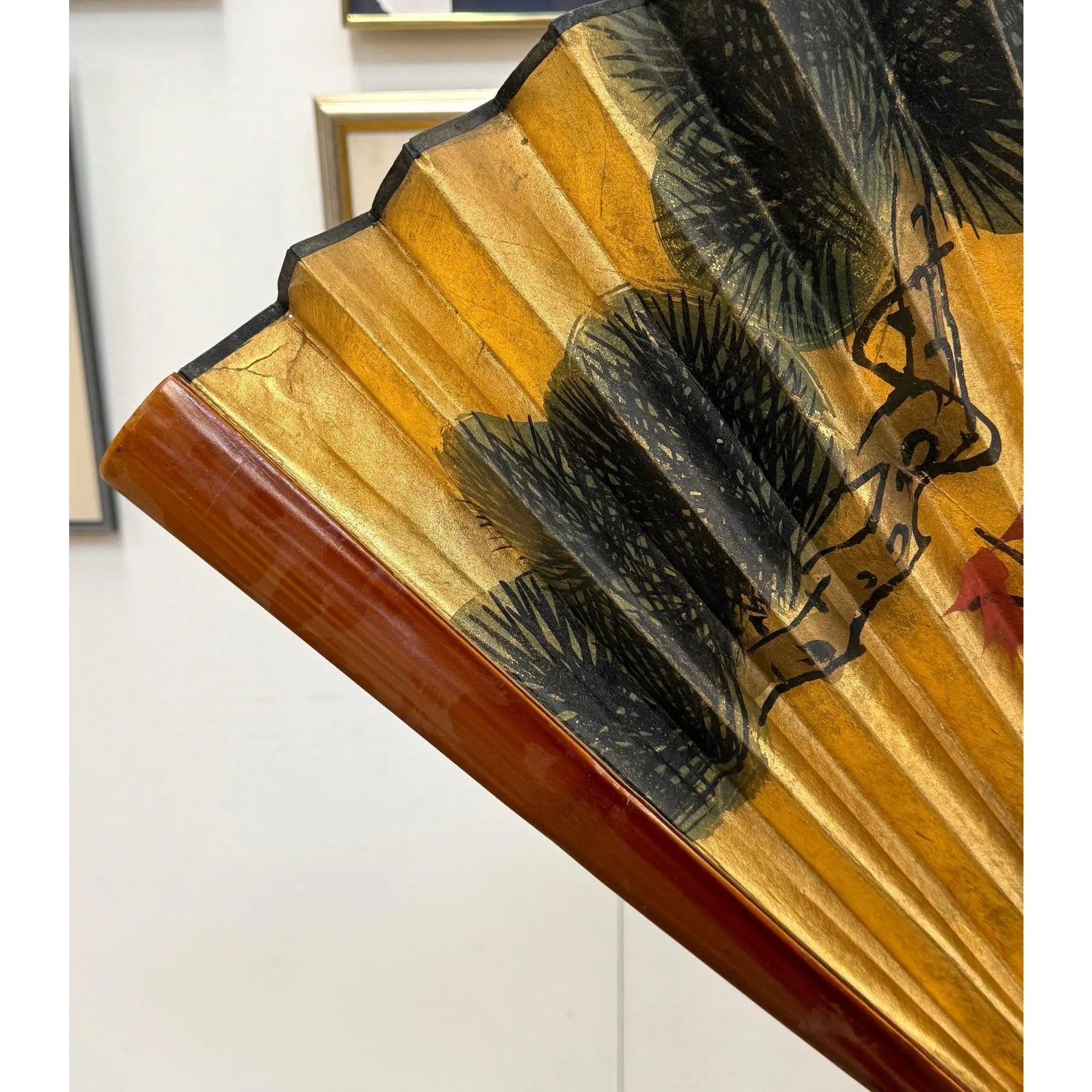 Stunning 70 Inch Vintage Chinese Hand Painted Gilt Wall Fan Cranes and Pine Motif