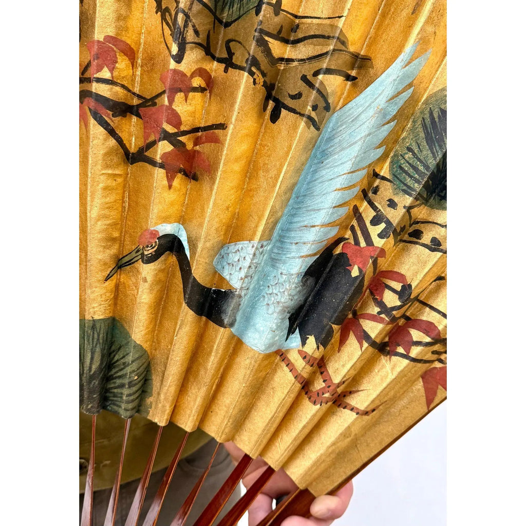 Stunning 70 Inch Vintage Chinese Hand Painted Gilt Wall Fan Cranes and Pine Motif