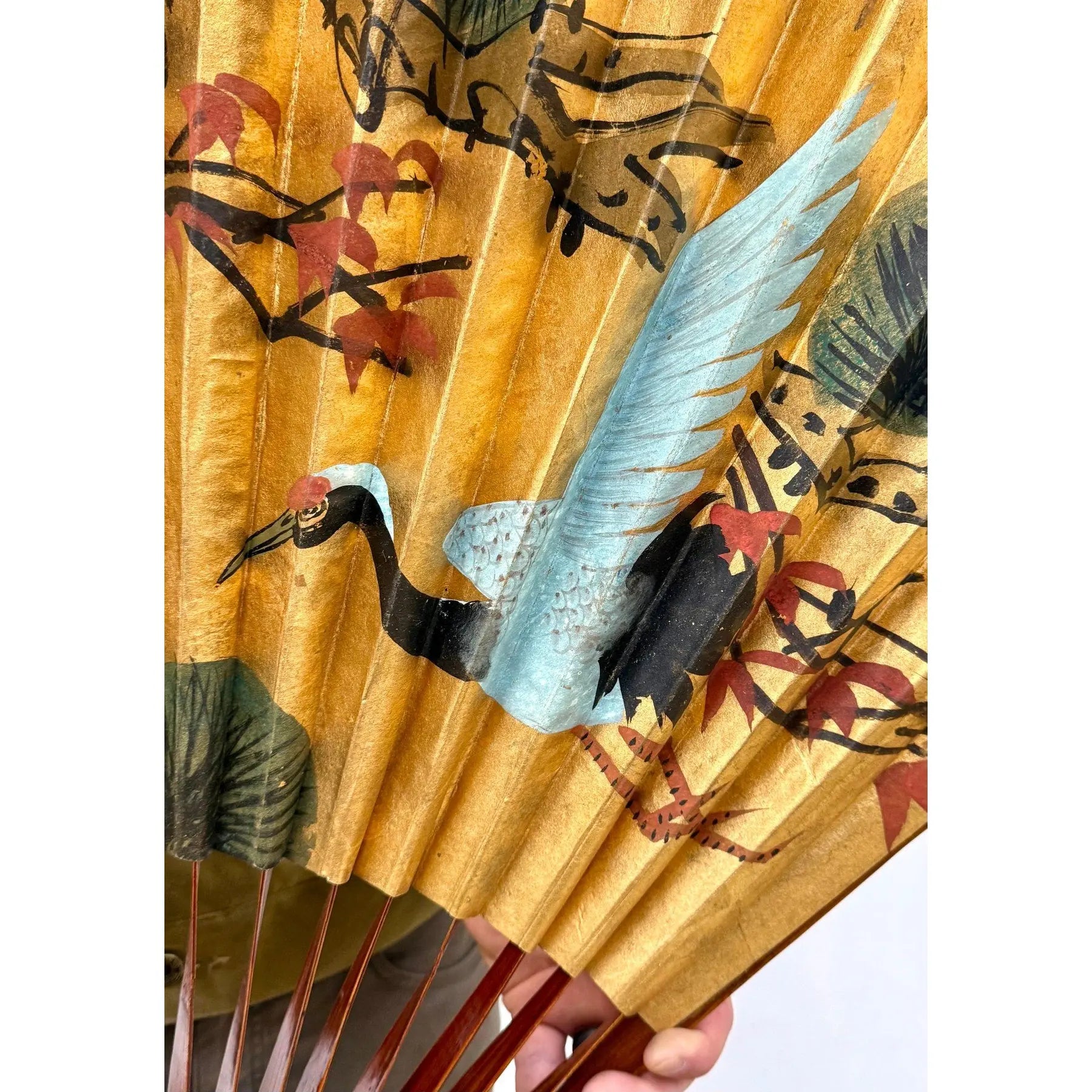 Stunning 70 Inch Vintage Chinese Hand Painted Gilt Wall Fan Cranes and Pine Motif