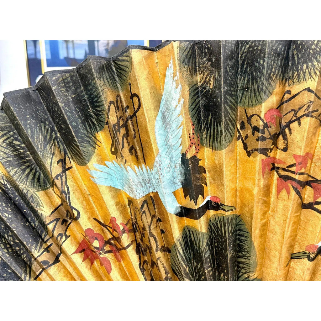 Stunning 70 Inch Vintage Chinese Hand Painted Gilt Wall Fan Cranes and Pine Motif