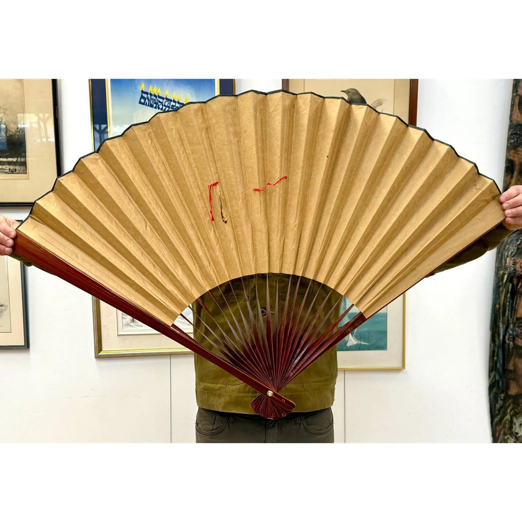 Stunning 70 Inch Vintage Chinese Hand Painted Gilt Wall Fan Cranes and Pine Motif