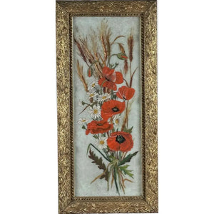 Antique 19th Century Floral Oil Painting on Glass Pane in Victorian Faux Bois Gilt Frame
