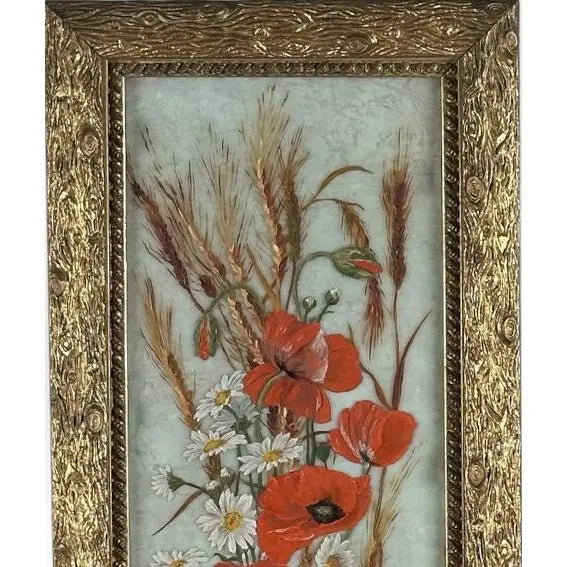 Antique 19th Century Floral Oil Painting on Glass Pane in Victorian Faux Bois Gilt Frame