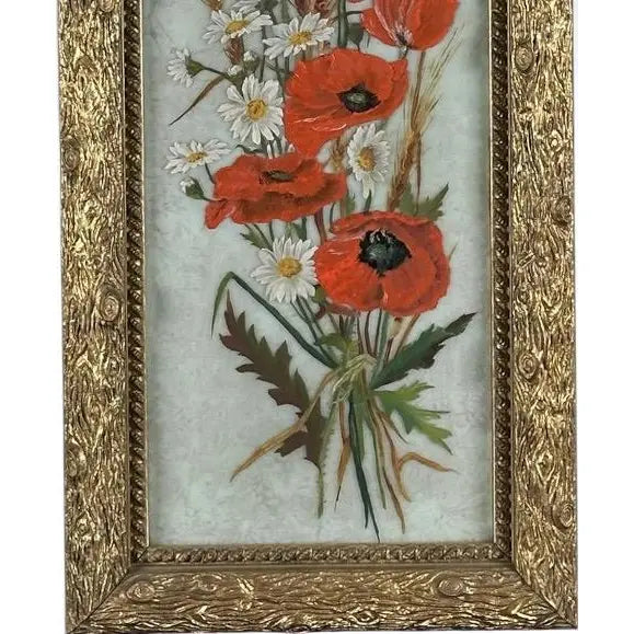 Antique 19th Century Floral Oil Painting on Glass Pane in Victorian Faux Bois Gilt Frame