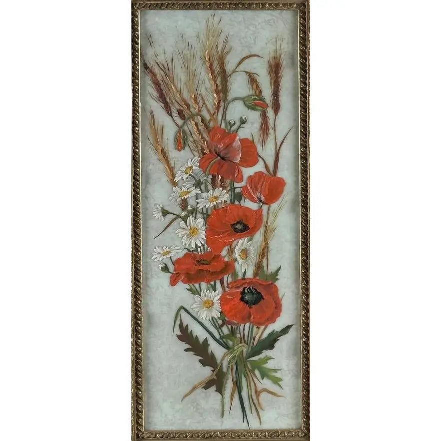 Antique 19th Century Floral Oil Painting on Glass Pane in Victorian Faux Bois Gilt Frame