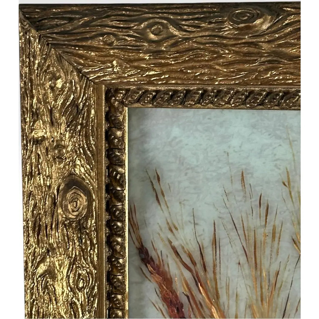 Antique 19th Century Floral Oil Painting on Glass Pane in Victorian Faux Bois Gilt Frame
